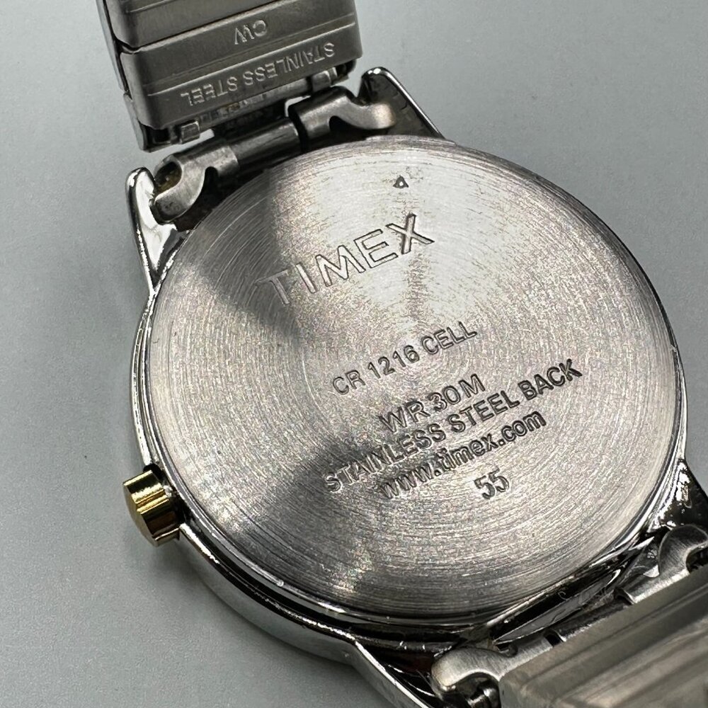 3/$30 Timex Watch Women Silver Gold Two Tone Stretch Band White Dial New Battery - Picture 6 of 14